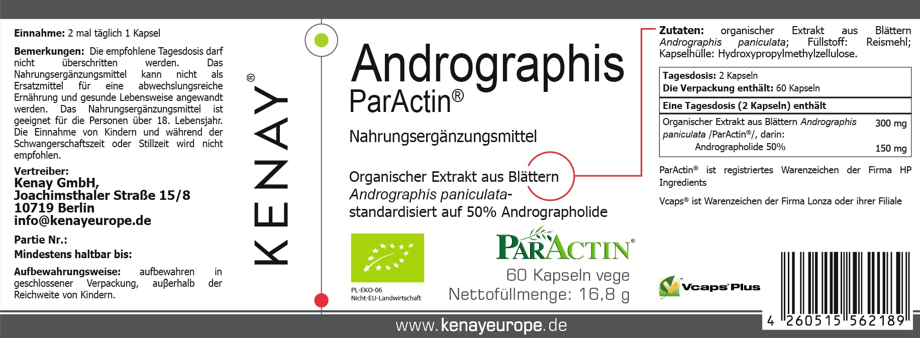 Andrographis ParActin - Extrakt aus Blättern Andrographis paniculata - 300mg pro Tagesdosis - 60 Kapseln vege KENAY EUROPE