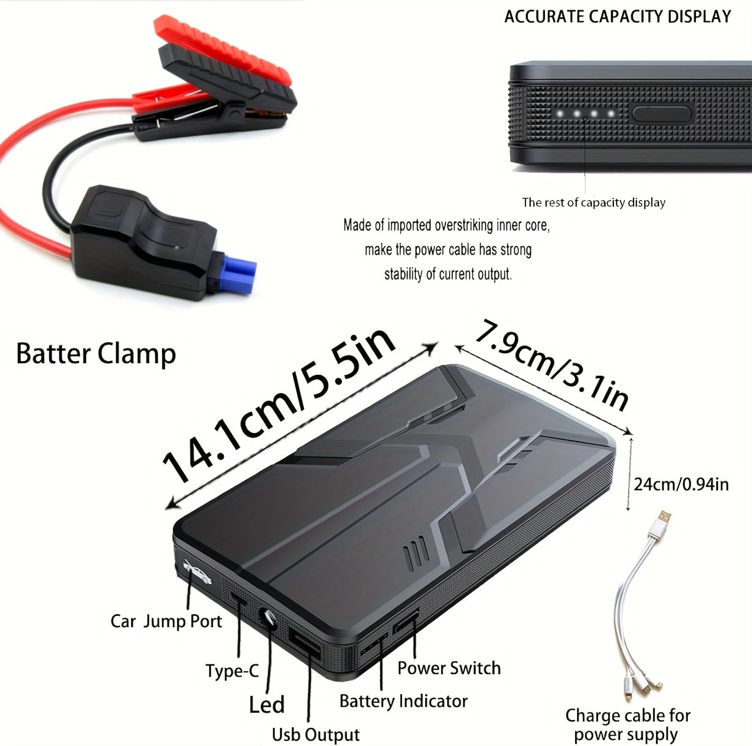 FOTN BLY-JGL Jump Starter unit with labeled ports including Car Jump Port, Type-C, LED, Battery Indicator, USB Output, and a Batter Clamp with charge cable.