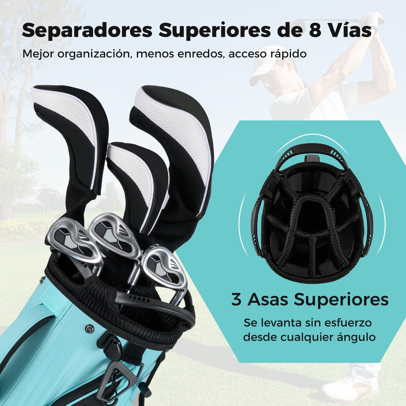 COSTWAY Bolsa Golf con Soporte, 8 Divisores, 5 Bolsillos, Correa Ajustable, Capucha Lluvia