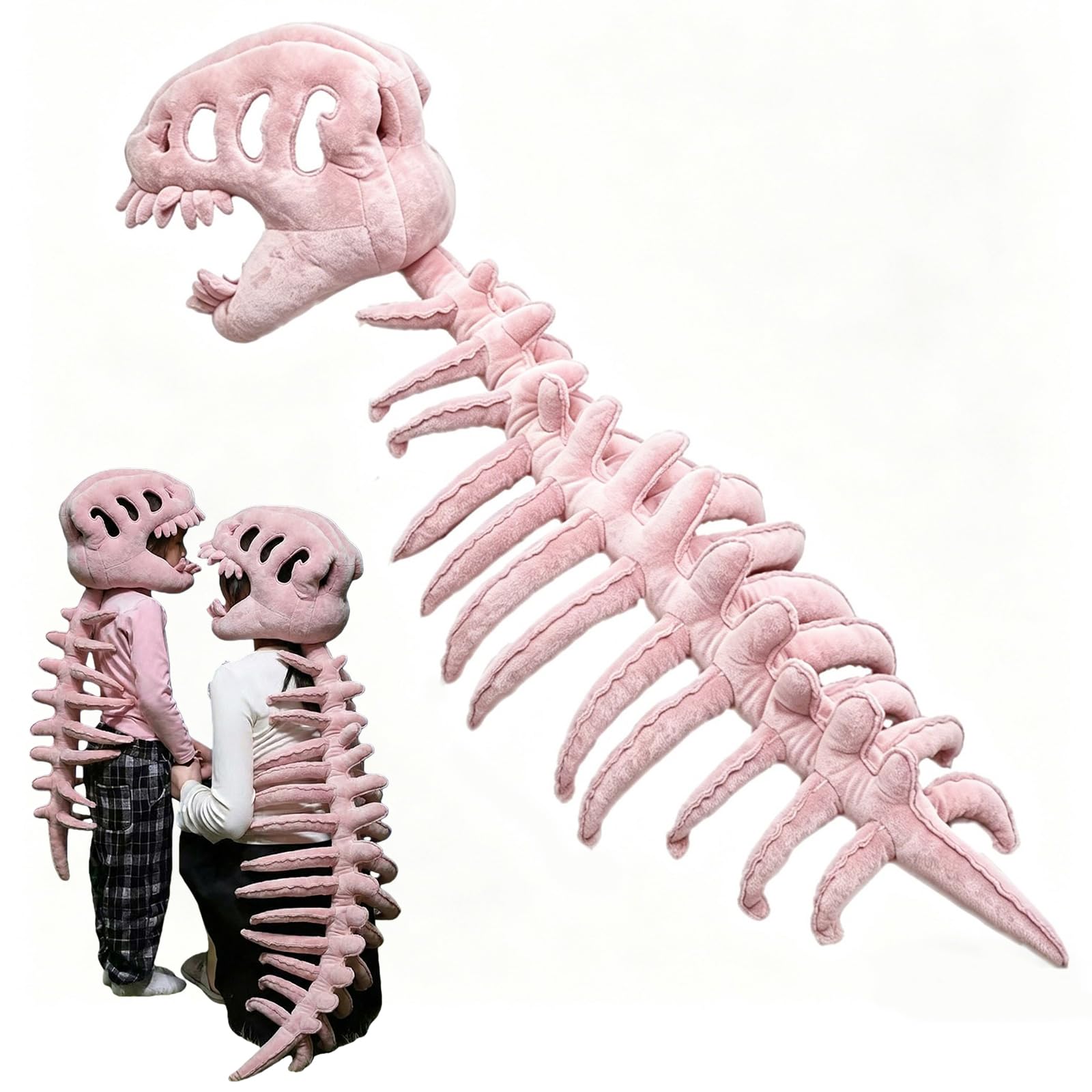 46 inch Adult Dinosaur Skeleton Fancy Dress Costume – Silly Dino Plush Halloween Outfit with Hood and Back Spikes Cosplay Wearable for Men Women