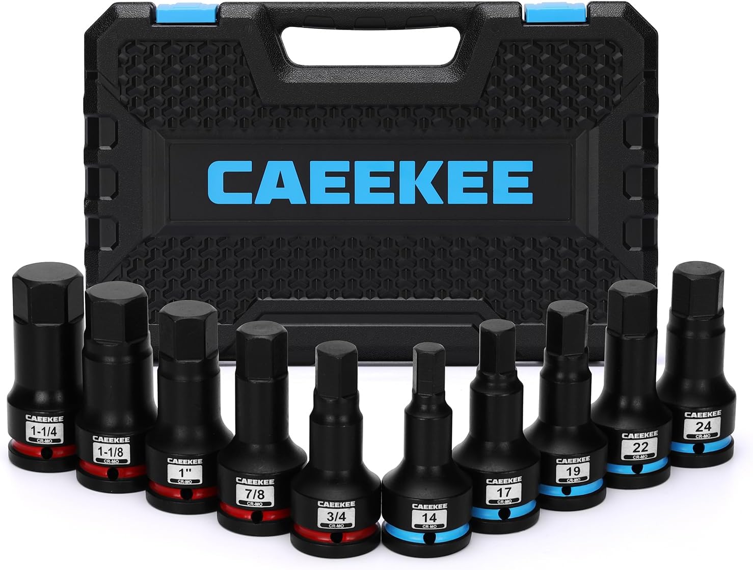 3/4" Drive Master Impact Hex Bit Socket Set, 10 Pieces Allen Bit Socket Set, Cr-Mo, SAE/Metric, 3/4" - 1-1/4", 14mm - 24mm, Heavy Duty Storage Case