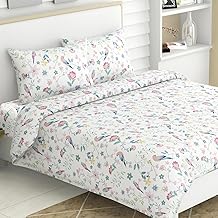 haus & kinder Bedsheet King Size 100% Pure Cotton Floral Bed Sheet with 2 Pillow Covers, 186 TC 108x108 Inches Bedding Set, Soft Breathable Cozy Flat Sheet, Exotic Wings, White