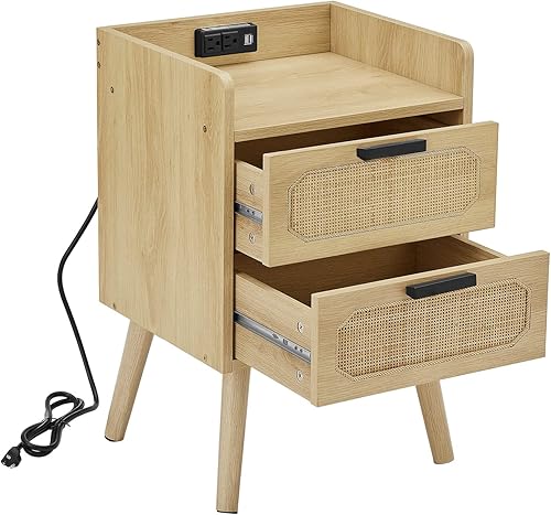 Mesita de noche con estación de carga mesa de noche de ratán con 2 cajones mesa auxiliar para dormitorios mesa auxiliar de ratán de madera natural
