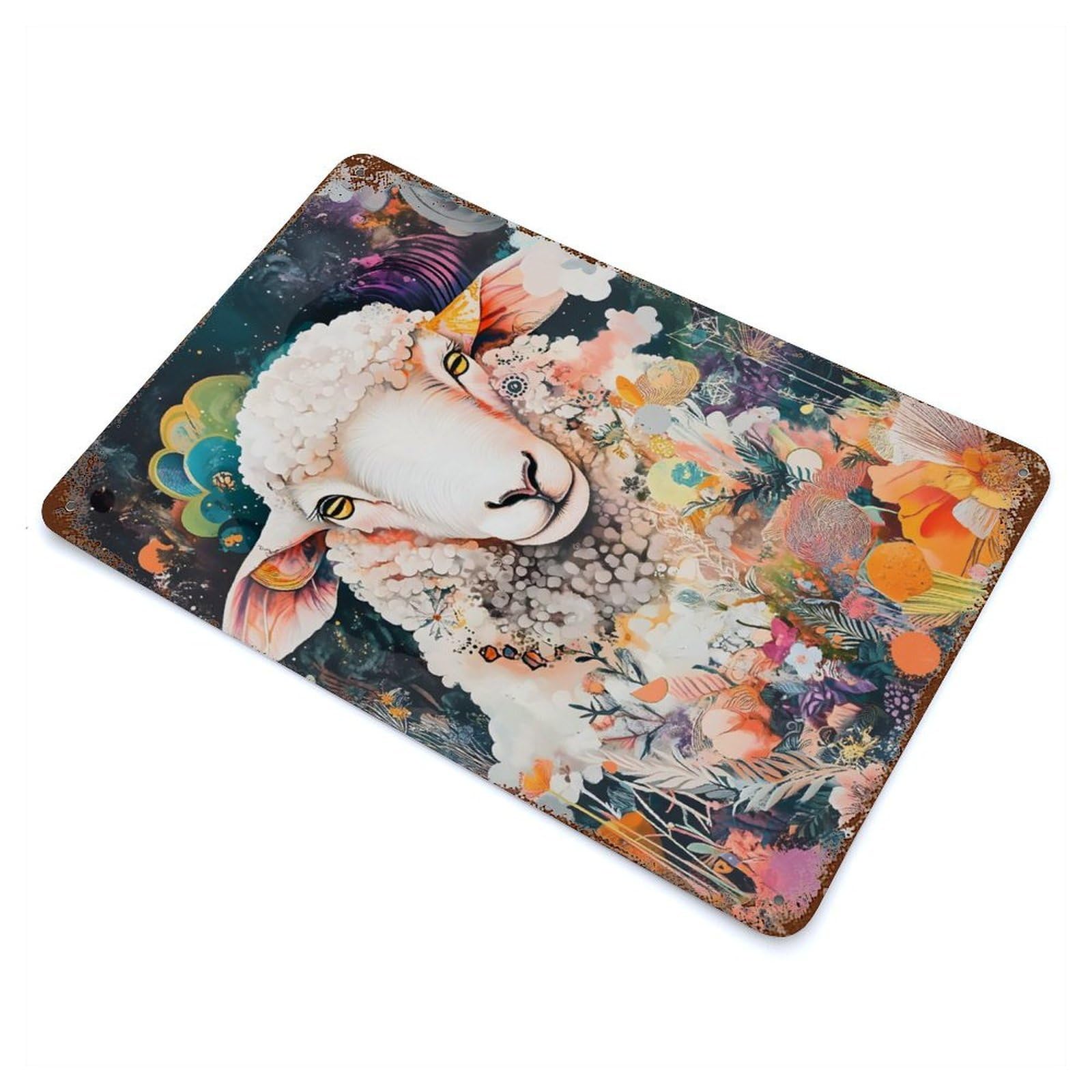Sacred Sheep in Bloom - Psychedelic Floral Field Art Rusty Metal Tin Sign 11.8"x7.9", Industrial Home Decor for Garage, Pub Or Kitchen