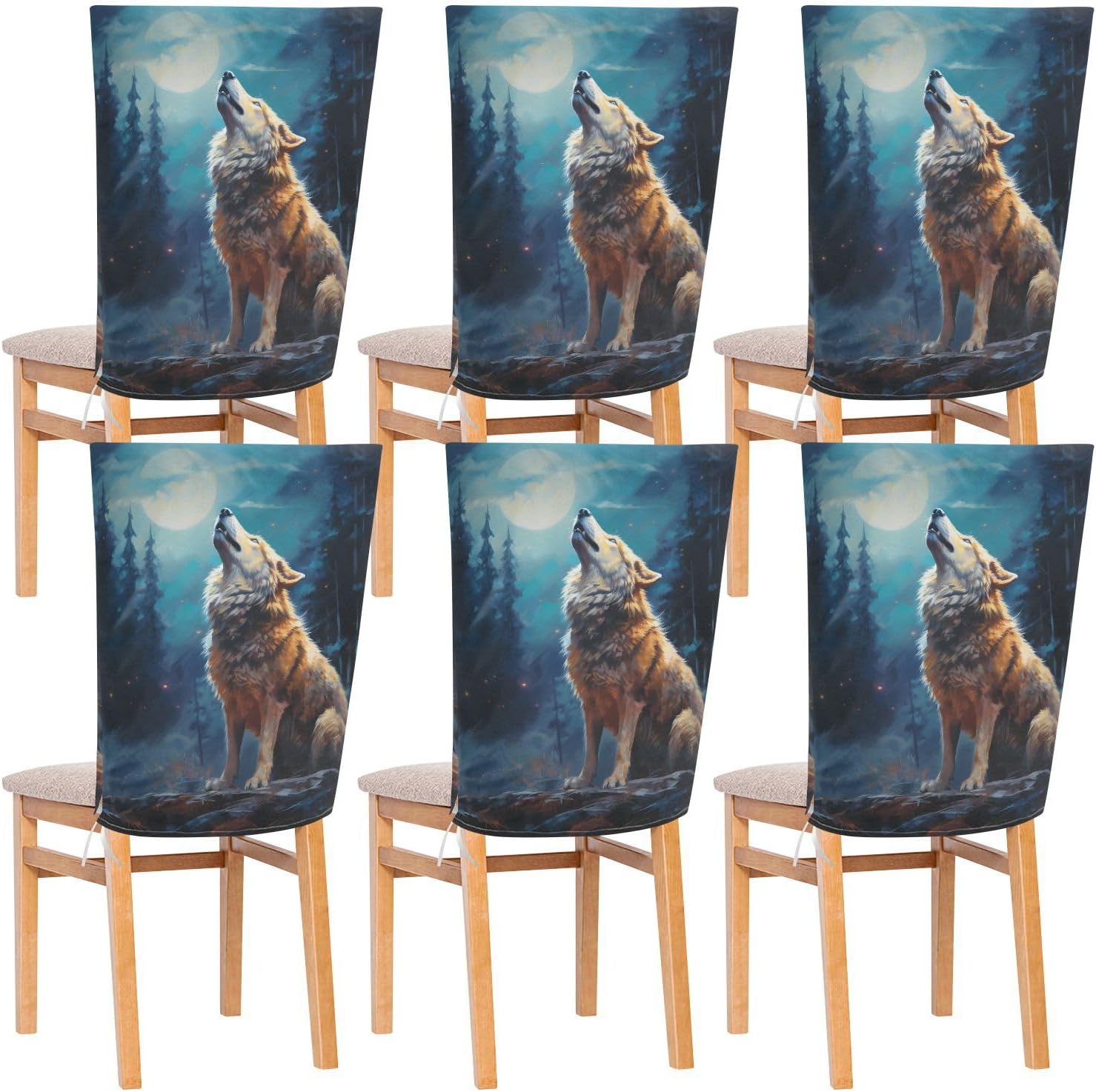 ALAZA Howl Wolf in The Forest Chair Back Cover Set of 6, Washable Reusable Removable Chair Slipcovers Decorative Chair Cover for Home Kitchen Wedding Party