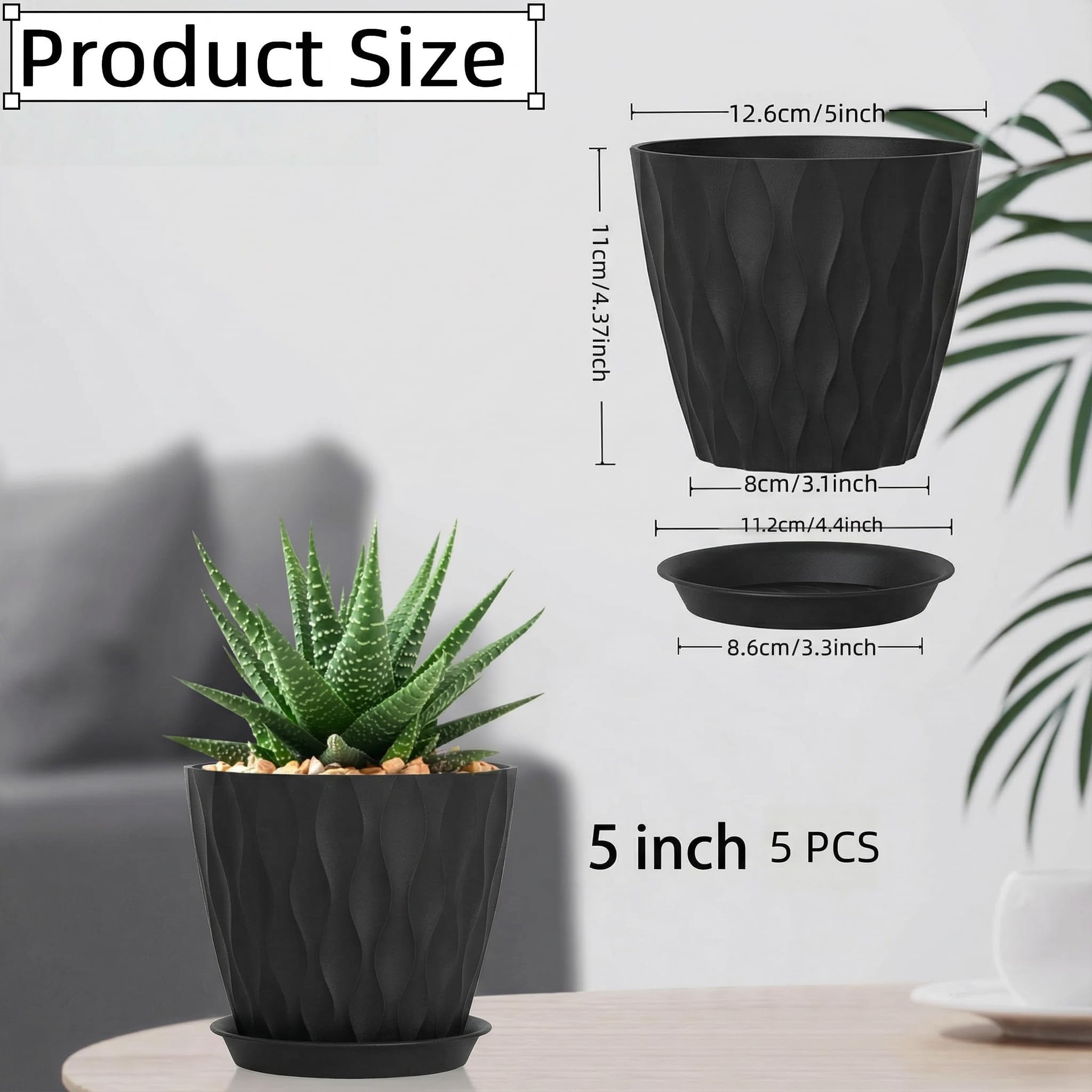 5 Piezas Macetero con Plato, 12.6CM Maceta Redonda de Plástico con 5 Etiquetas, Macetas con Platillo de Agujeros de Drenaje Maceteros Decorativos Interior para Balcón, Interior, Jardín (Negro, 5IN) — view 2