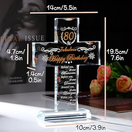 Miniatura 3 de Regalos religiosos de 80 cumpleaños para mujeres, hombres, amigos, abuela y mamá, soporte de cristal grabado con cruz de 80 años de bendición de