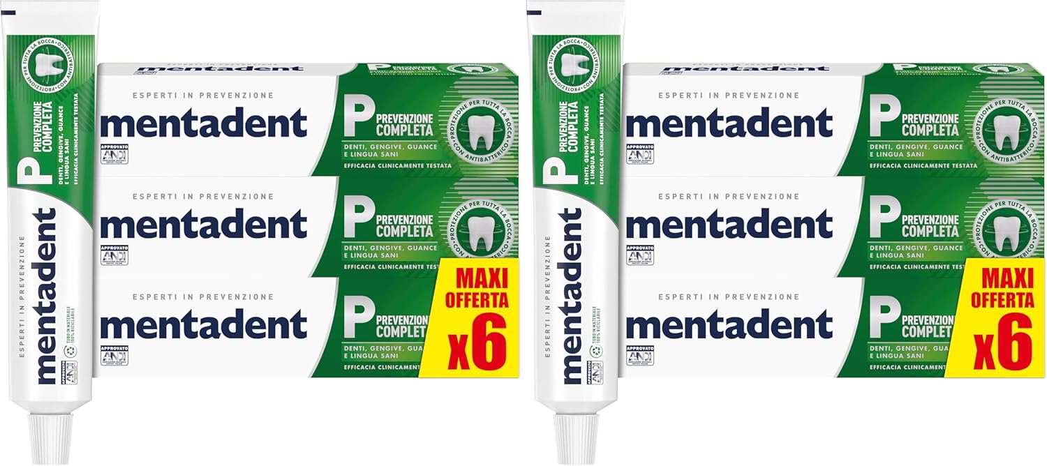 Mentadent Dentifricio P Prevenzione Completa, con Zinco, 8 Azioni Contro i Disturbi Orali, Formato 6x75ml (Confezione da 2)