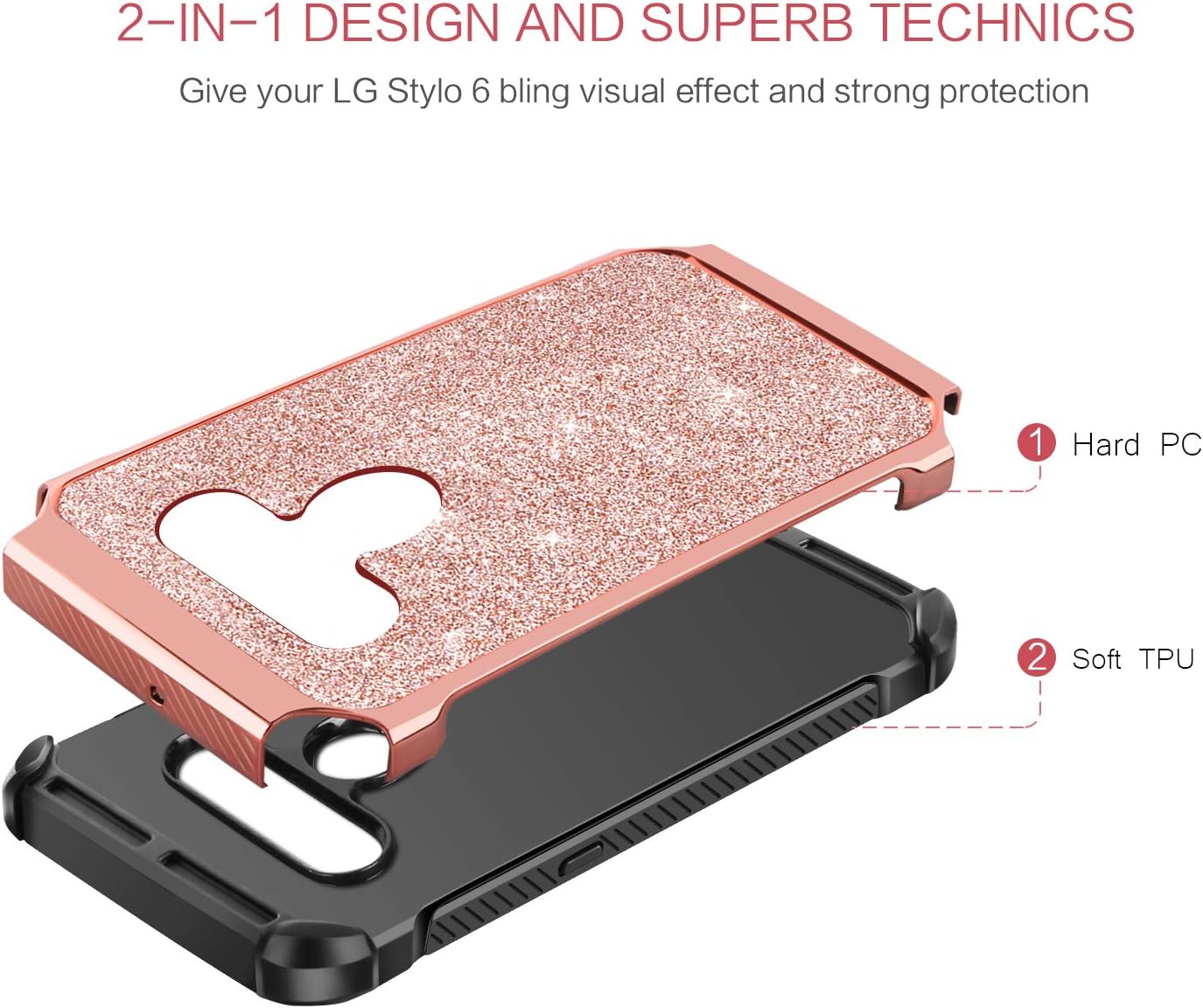 BENTOBEN Compatible with LG Stylo 6 Case, 2 in 1 Slim Hybrid Glitter Sparkle Bling Hard Cover Soft Rubber Bumper Girls Rugged Shockproof Protective Phone Case for LG Stylo 6, Rose Gold