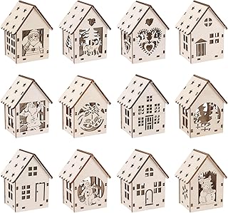 sulanmo 1 Set Christmas Wooden DIY House Xmas Unfinished Wooden Village Mini House Landscape Decors for Xmas Party Tabletop Mantle Decor