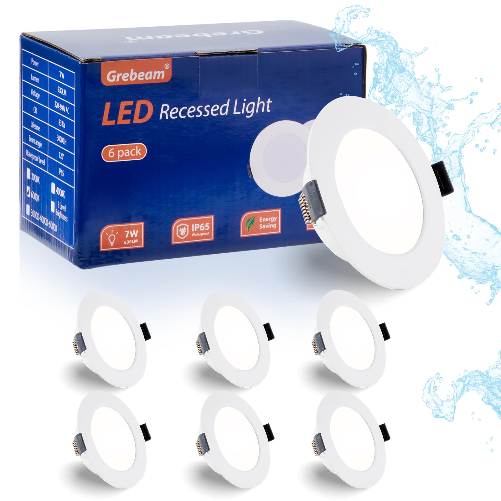 Grebeam 6er 7W LED Spot 230v Kaltweiß 6000K, Ø95-110mm Lochdurchmesser LED Einbaustrahler 230V, IP65 Led Spots aussenbereich für Küche Wohnzimmer Schlafzimmer