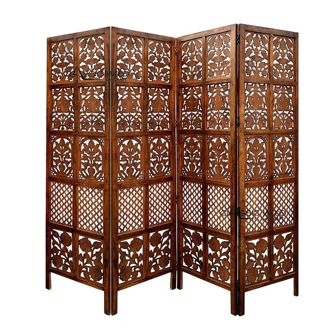 Hand-Carved Solid Wood 4 Panel Room Divider Partition | Folding Wooden Divider & Partition Screen with Floral Jali Design for Living Room & Bedroom-image-46