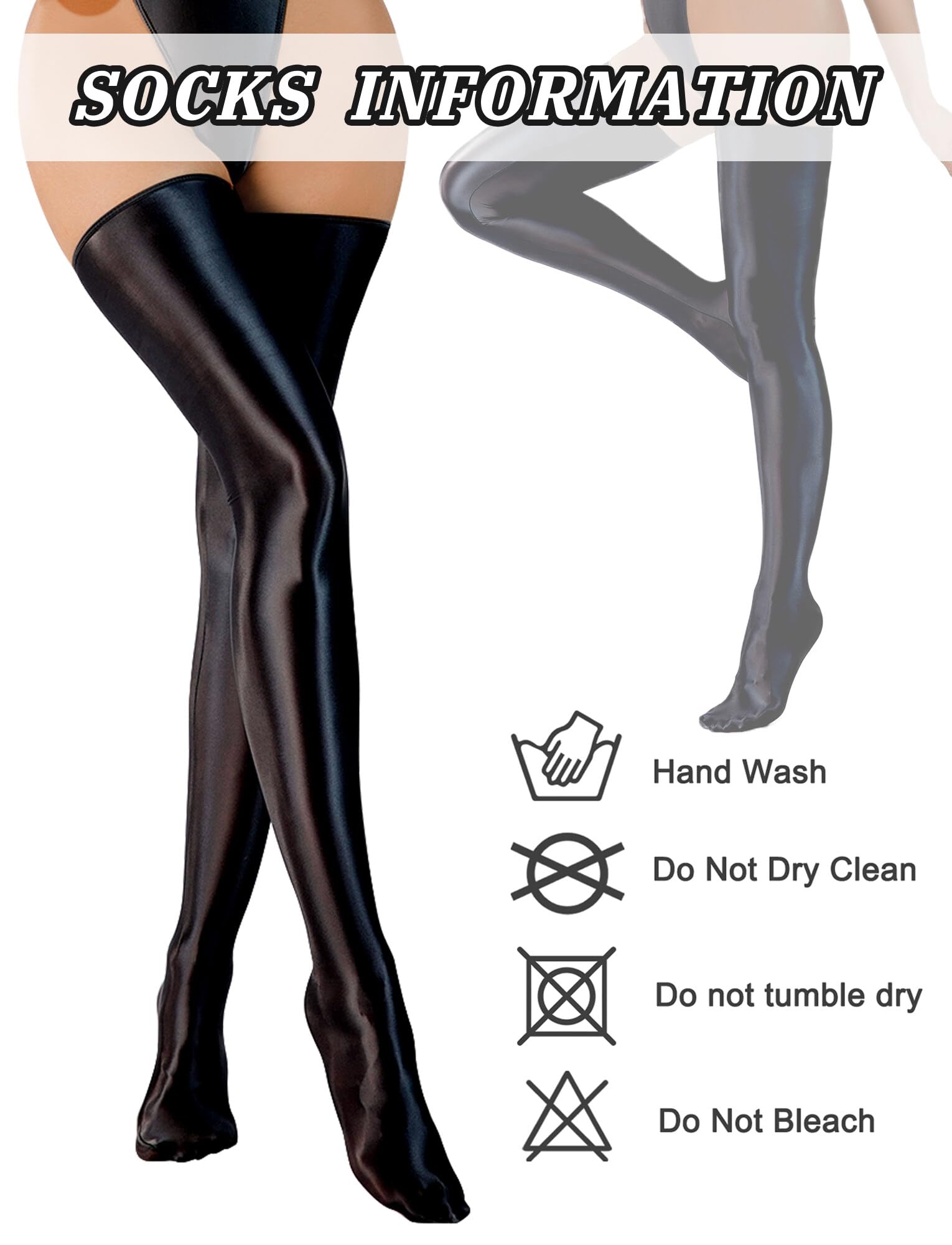SEAUR Women's Glossy Oil Shimmery Thigh High Shiny Stretch Stockings for Party Cosplay Club Halloween (Black, 2 Count) - Image 2