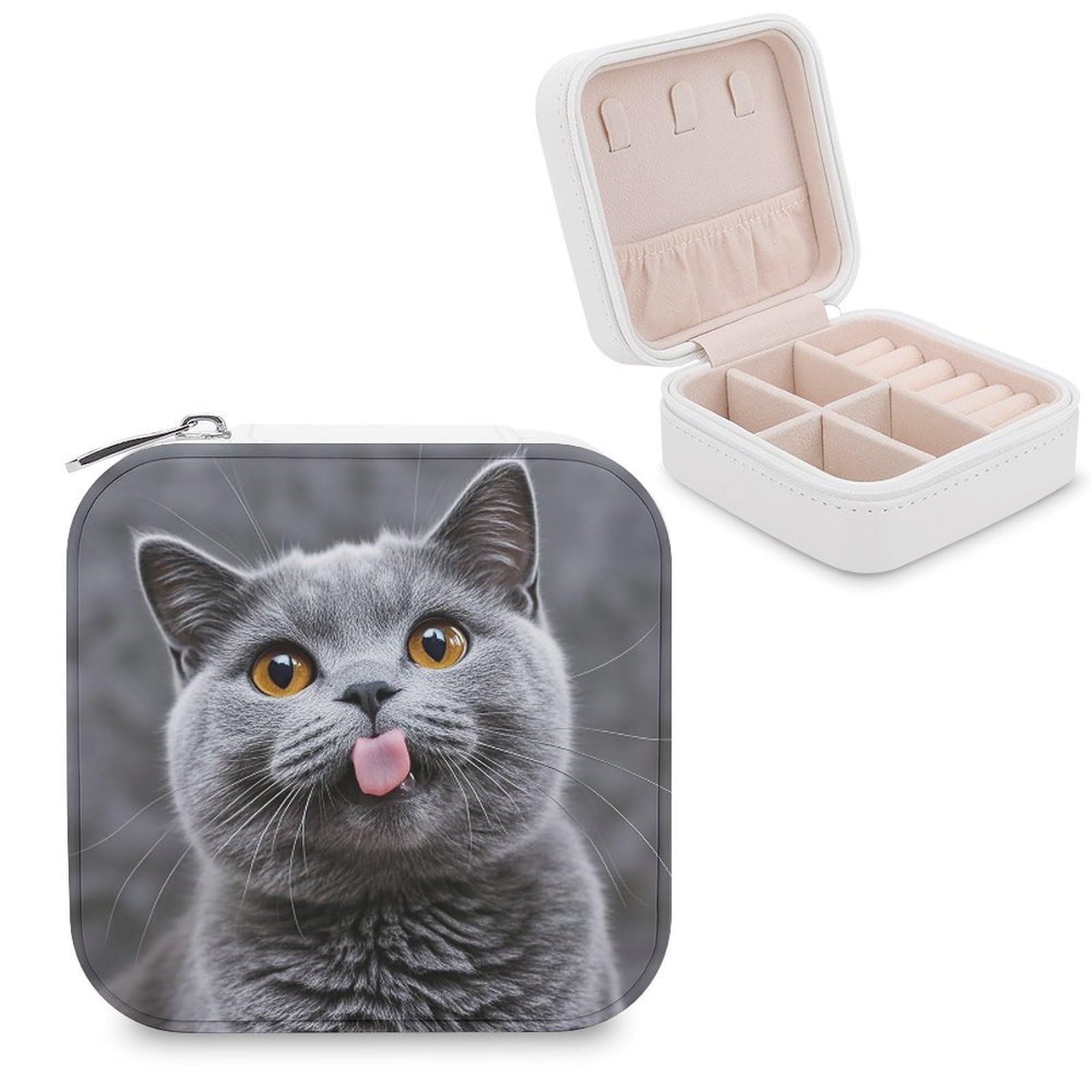 LZQPOEAS Blue Cat Sticking Out Tongue Jewelry Box Mini Jewelry Travel Case Trendy Stuff Ring Box Custom PU Leather Jewelry Boxes Portable Jewelry Case Earring Storage Organizer for Girls Women