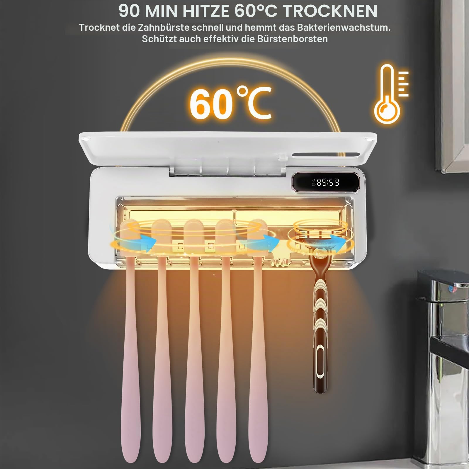 UV-Zahnbürstenhalter,Zahnbürsten-Desinfektionsmittel mit 5 Bürstenhalter und 1 Schlitze,Zahnbürste Sanitizer Halter,Wandmontage Zahnbürstenhalter Sterilisator mit Heizung und Lüftertrocknung (Weiß)