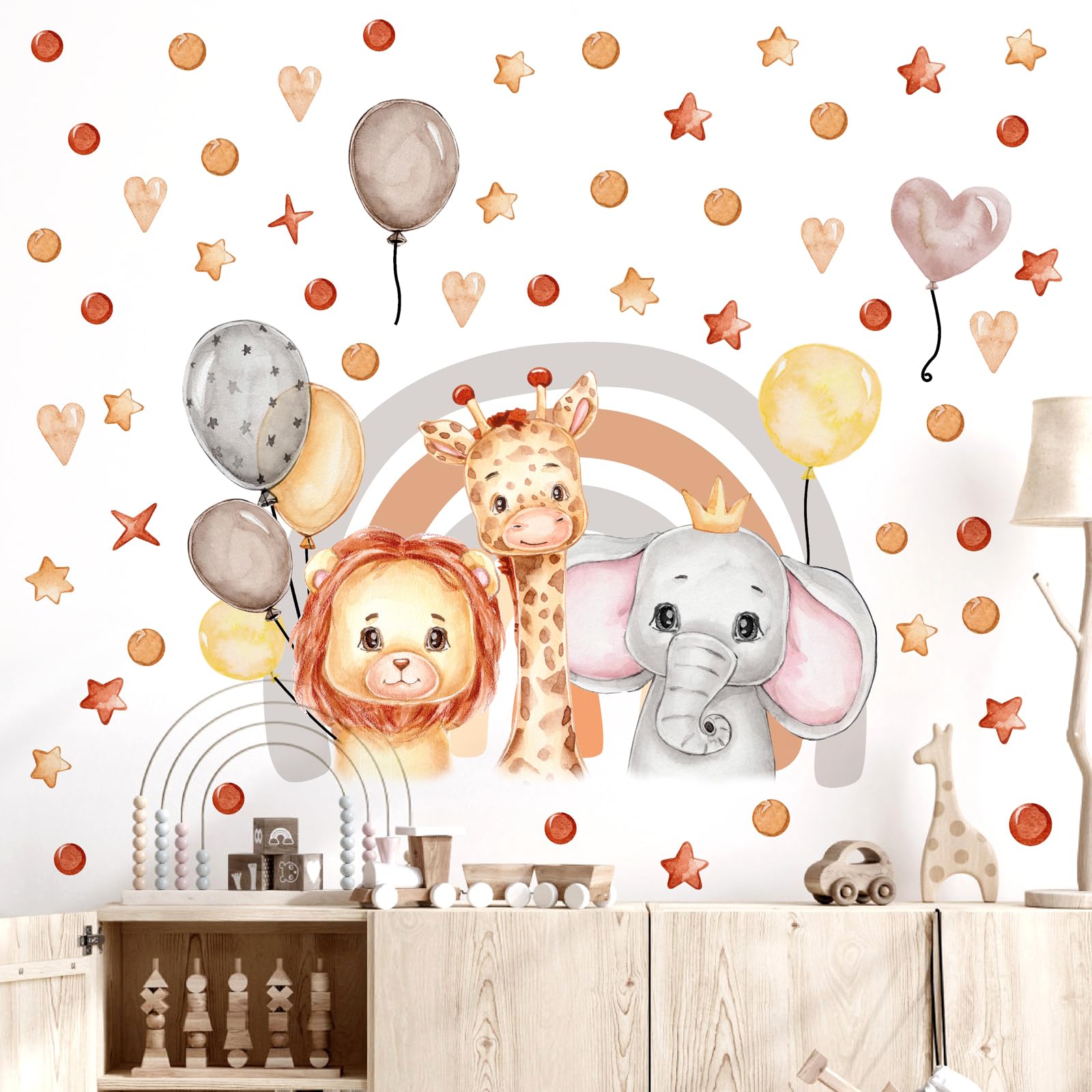 Baby Wall Stickers Nursery Decals Rainbow Cartoon Animal Balloon Removable Jungle Lion Giraffe Elephant Art for Children's Bedroom Boys Girls Room Decor