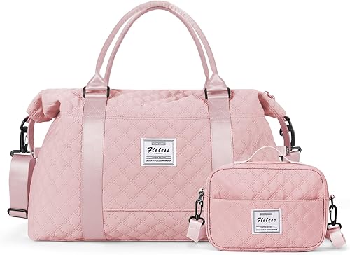 Miniatura 8 de Bolsas de lona de viaje para mujer, bolsa de fin de semana con bolsillo para artículos personales y bolsa de aseo personal, grande, Cuadrícula-Rosa,