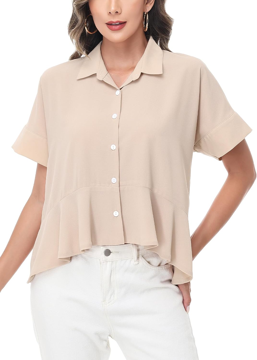 Anna-Kaci Women's Short Sleeve Collared Shirt Loose Fit Ruffle Hem Button Down Top Summer Women Blouses