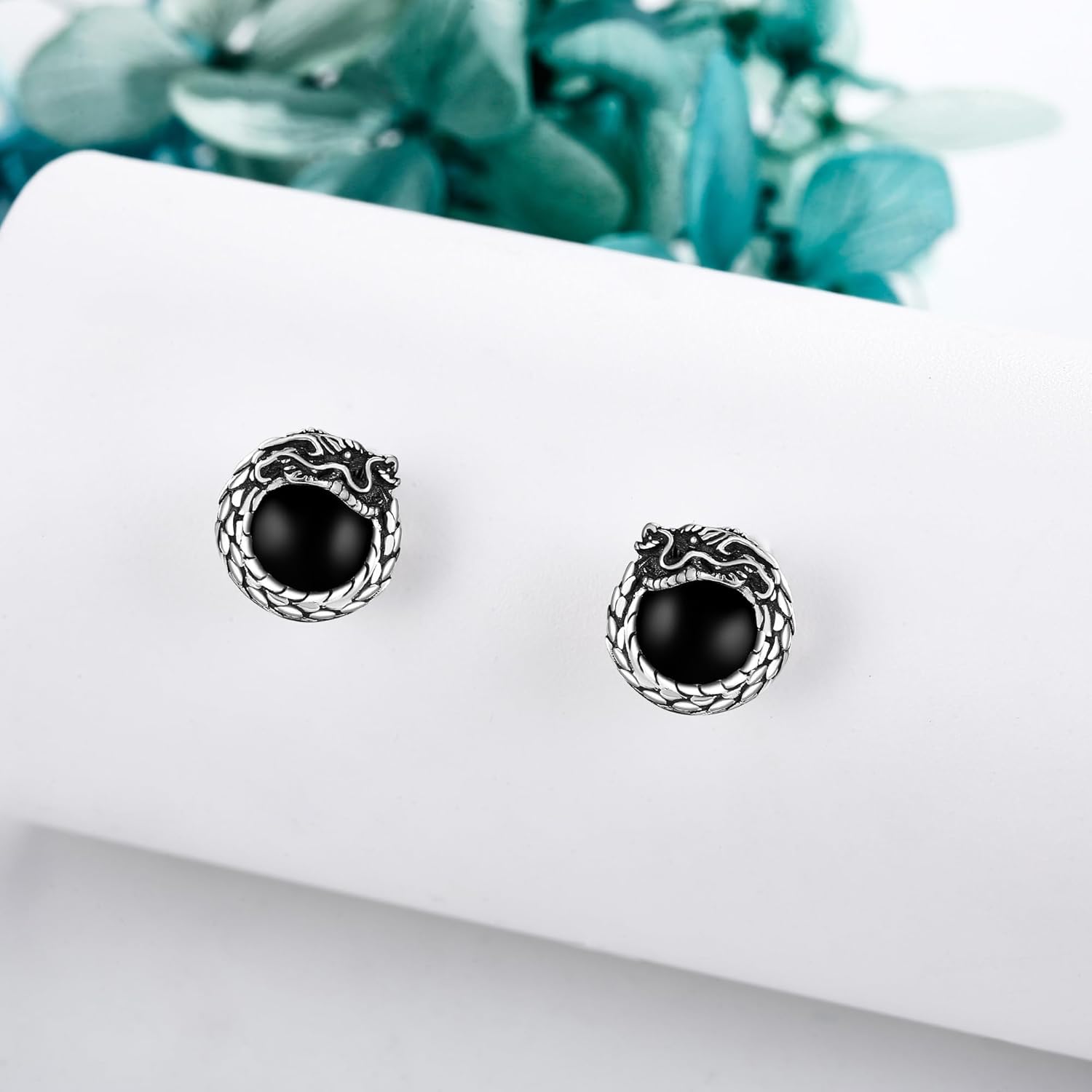 Viking Rune/Spike/Dragon/Celtic Knot/Skull Earrings Sterling Silver Black Onyx/Black Cubic Zircon Earrings Vegvisir Jewelry for Women Men