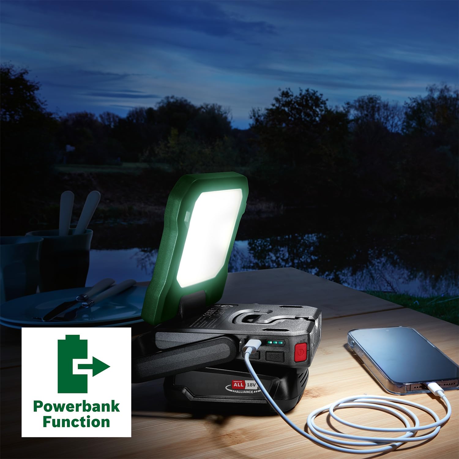 Bosch akumulatorowa lampa LED/kempingowa EasySpotLight 18V-400 (światło ciepłe/zimne, 3 ustawienia jasności, składana/obrotowa głowica: 360°/180°, system 18V, powerbank USB-C®, bez akumulatora)