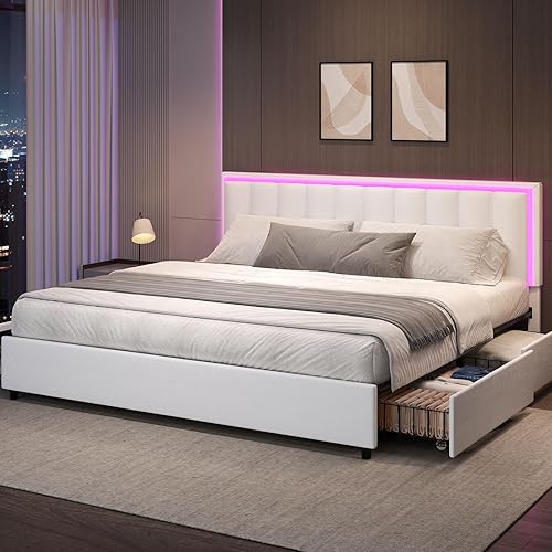 Miniatura 11 de Base de cama tamaño Queen con 4 cajones de almacenamiento, marco de cama tapizado con cabecero, luces LED RGB, marco de metal resistente y soporte