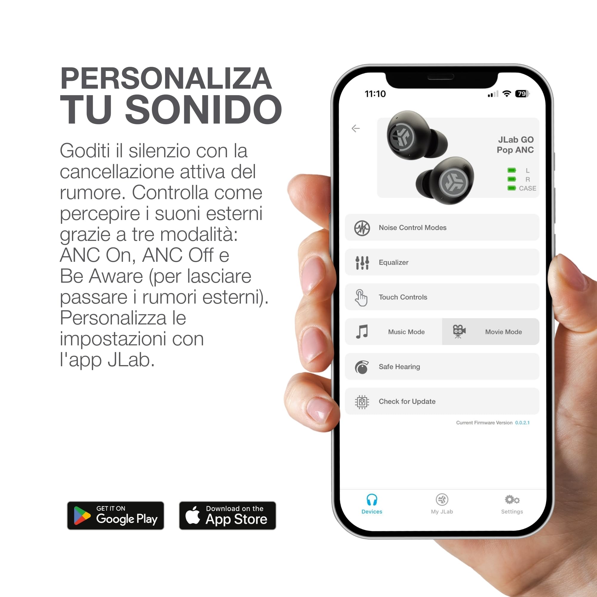 JLab Go Pop ANC Auricolari Bluetooth ANC, Bianco | 24+ h di autonomia, IP55 resistenti al sudore, microfono, chiamate chiare e connessione multipoint