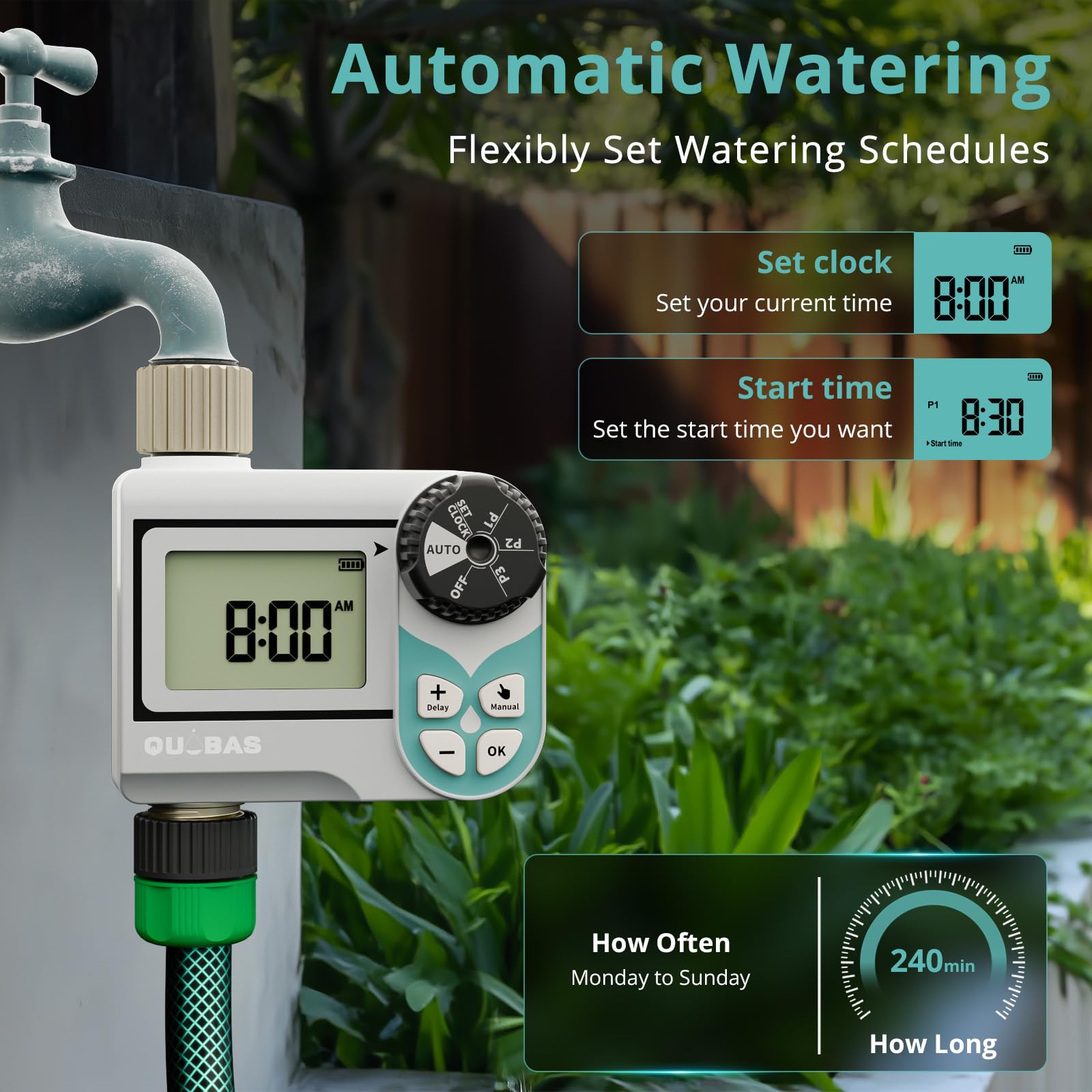 QUOBAS Temporizador de agua de baja presión, temporizador semanal programable con entrada y salida de latón para barril de lluvia, manguera de jardín, con válvula de bola y pantalla impermeable