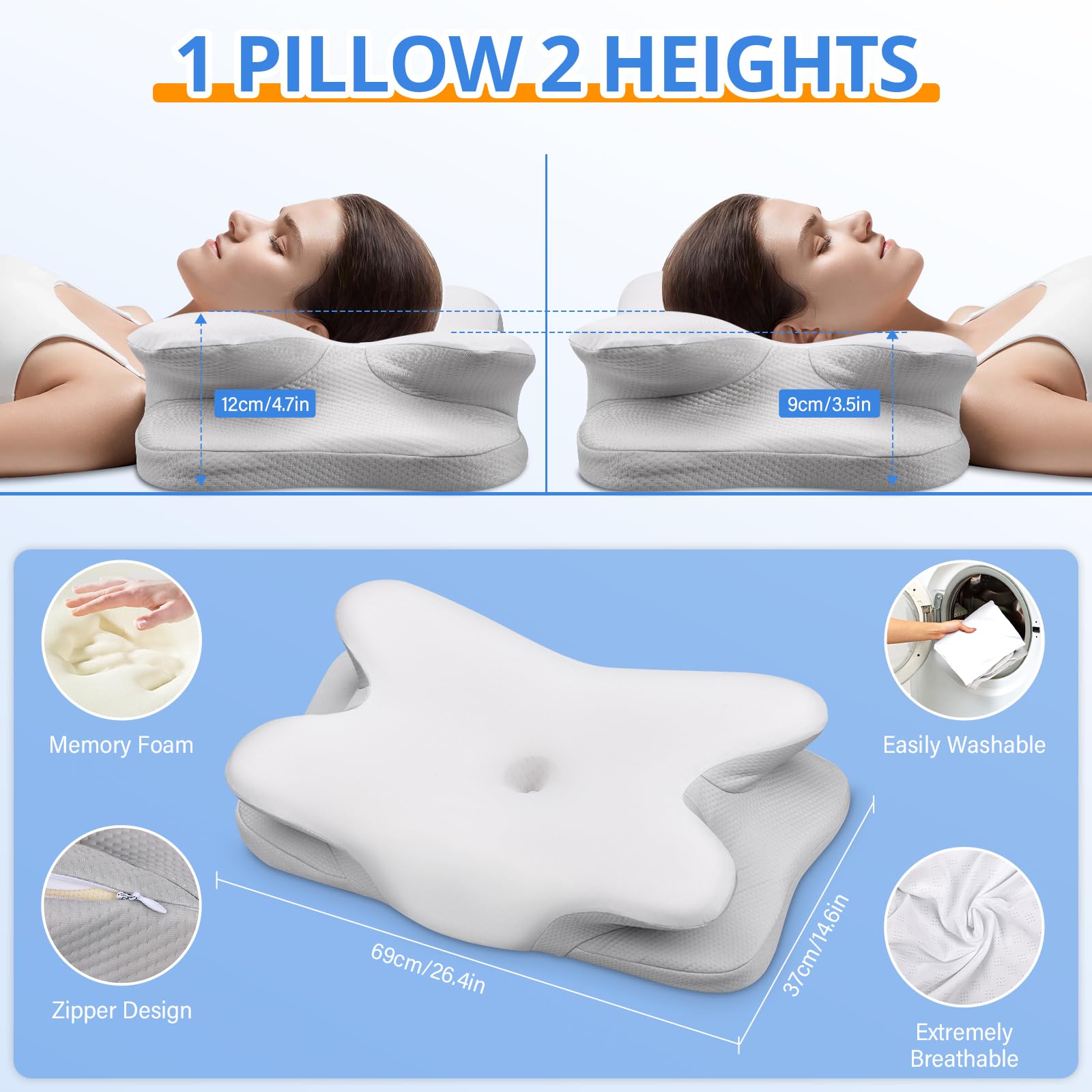 Ehomfory, cuscino in memory foam, cuscino cervicale, cuscino ergonomico per chi dorme sul fianco, sulla schiena e sulla pancia, 69 x 37 x 9/12 cm