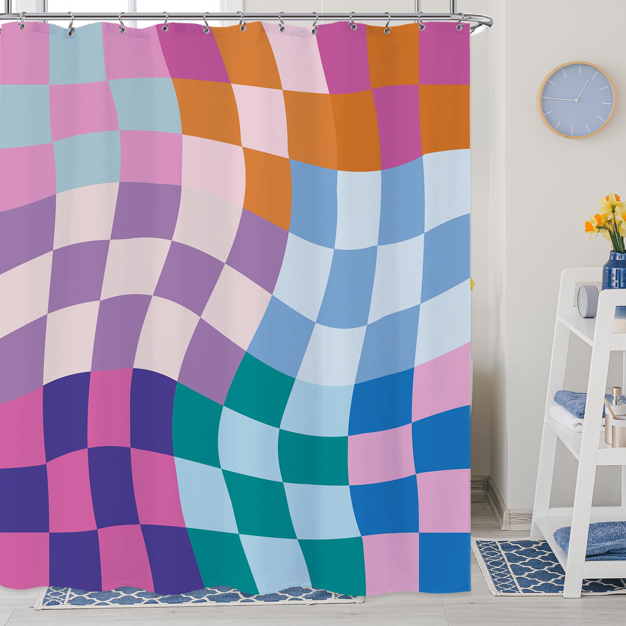 Tenda da doccia in stile retrò anni '60 e '70, motivo floreale vintage, impermeabile, tenda da doccia colorata stile anni '60 e '70, tenda da bagno gialla e arancione, per bambini e ragazze