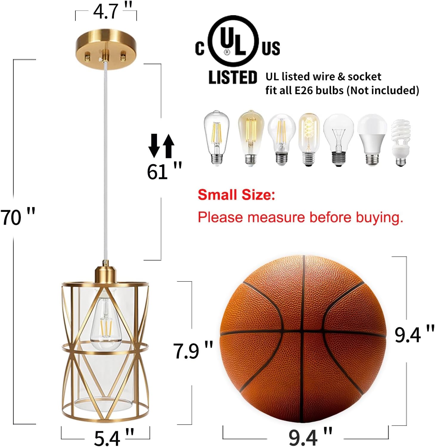 Brushed Gold Pendant Light, 5.4"×7.9" Dual-Shade Kitchen Island Lighting with Clear Glass Shade, E26 Adjustable Height 1"-61", UL Listed, for Dining Room Foyer Entryway — Bulbs Not Included