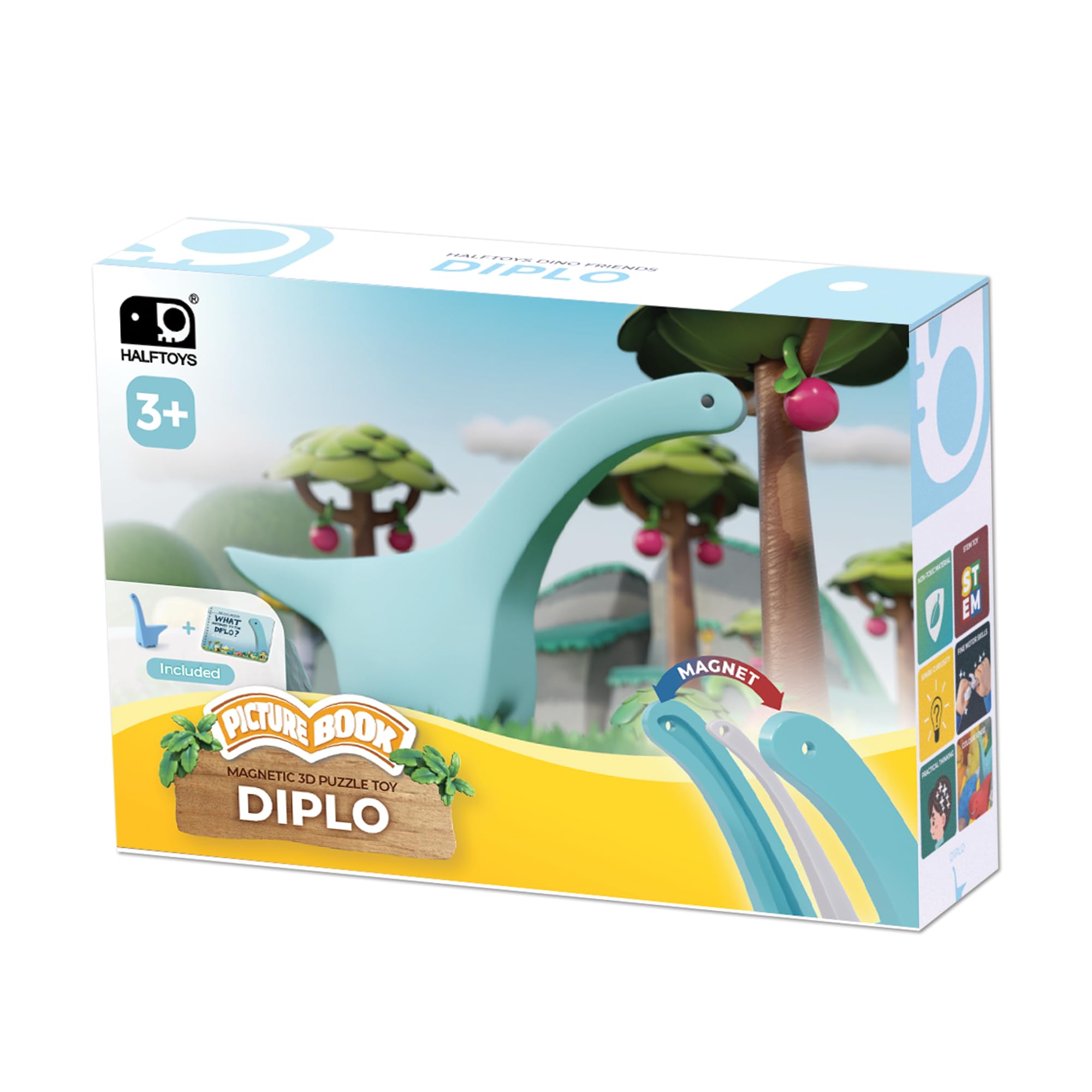 Halftoys Picture Book | Illustrated Story & Magnetic 3D Puzzle Toy | Multi-Sensory Learning | Safe, Durable & Washable | Perfect for Little Hands (Diplo)