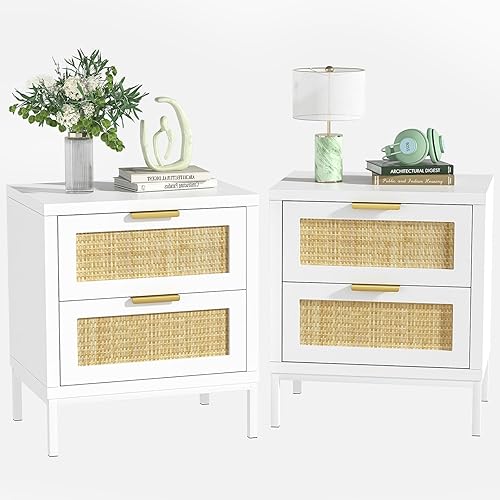 Giluta Mesita de noche de madera de mediados de siglo con 2 cajones de ratán natural mesita de noche con patas de metal blanco gabinete de