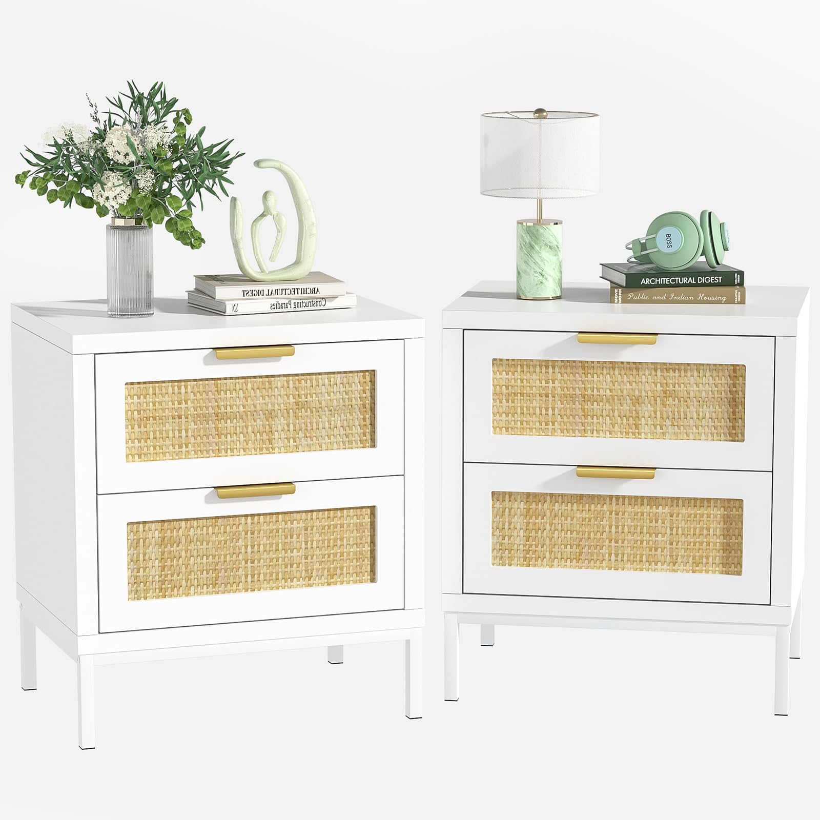 Giluta White nightstands Set of 2, Farmhouse Rattan Night Stand with 2 Drawers, 2 Rattan Drawers, Boho Bedside Table End Table for Small Space,