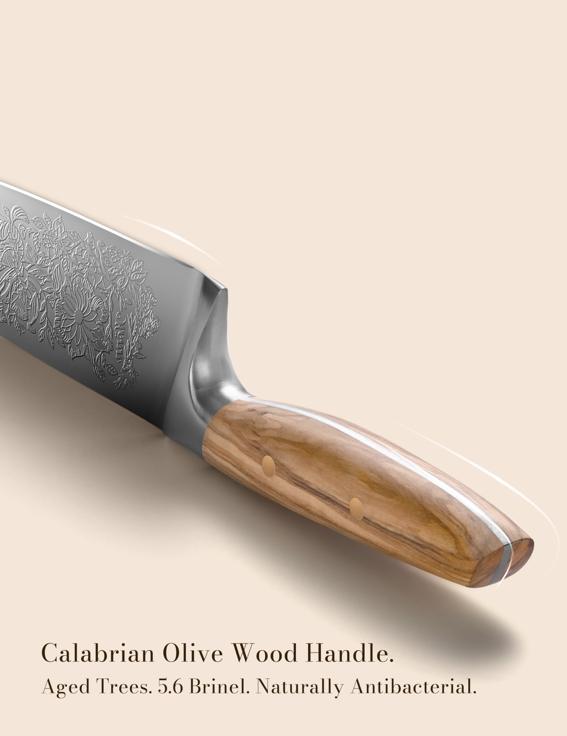 Chef Kitchen Knife 8", Embossed Botanical Blade, Olive Wood Handle — Amazon image 5
