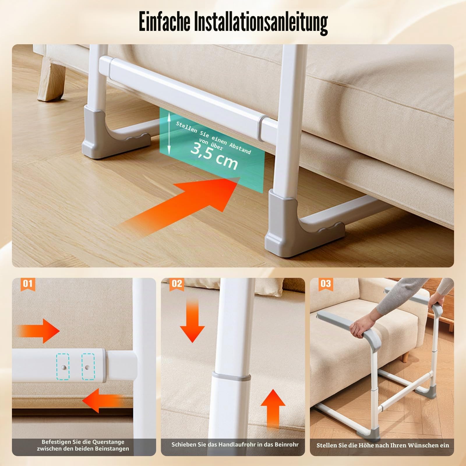 Aufstehhilfe Sofa für Senioren, 3-Fach Höhenverstellbar & 2-Fach Breitenverstellbare Couch-Hebehilfe mit Sicherheitsgriff & Anti-Rutsch-Füßen, Stabile Sitzerhöhung & Aufstehhilfe für Senioren