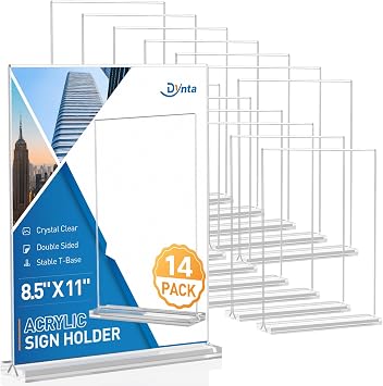 Dynta Acrylic Sign Holder 8.5 x 11 Inches, Double Sided Table Sign Holder, 14 Pack Crystal Clear Display Stand with Stable Base for Office Stores Restaurants Wedding Party