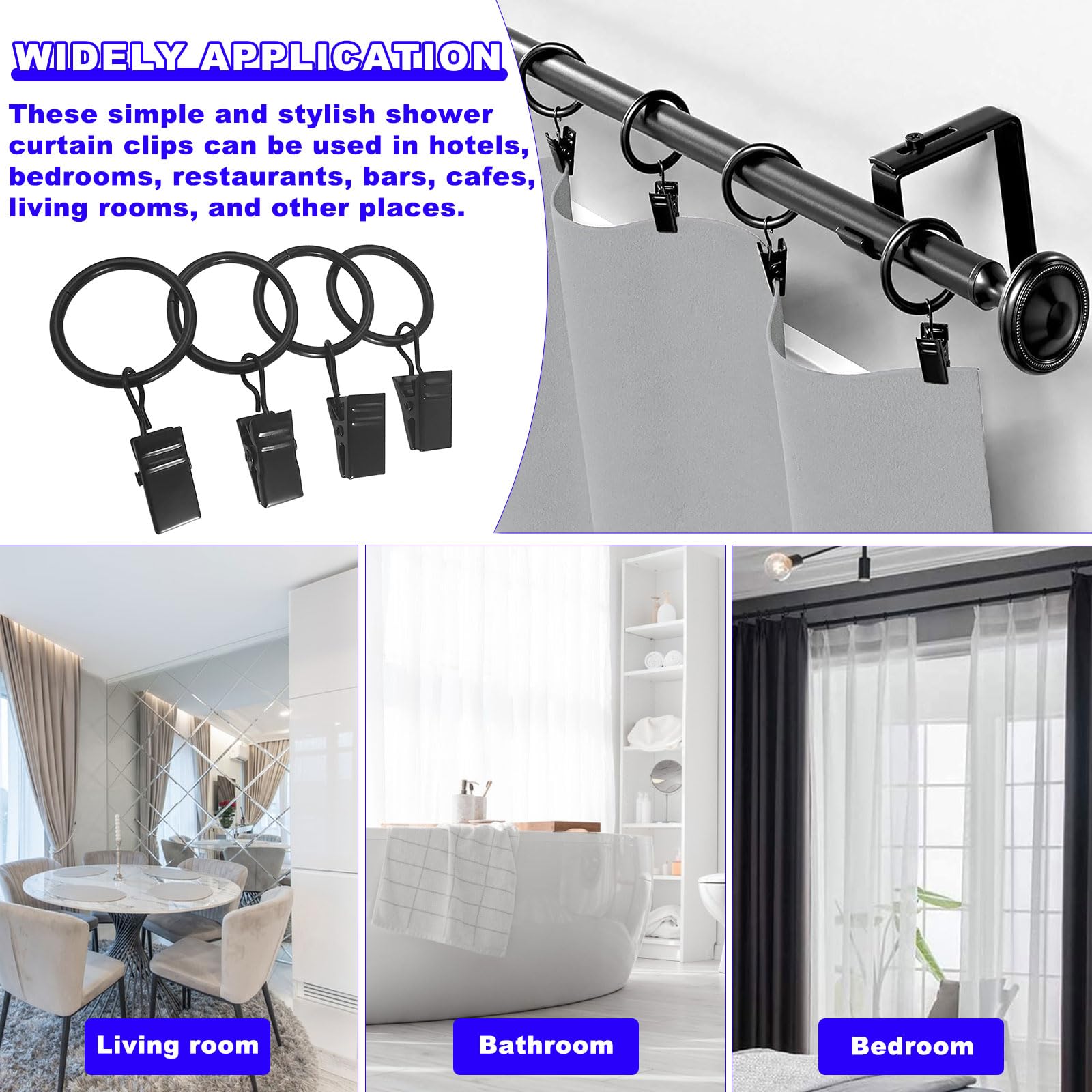 Anelli Per Tende Con Clip - Set Da 40 Ganci Metallici Neri Per Aste Fino 33mm