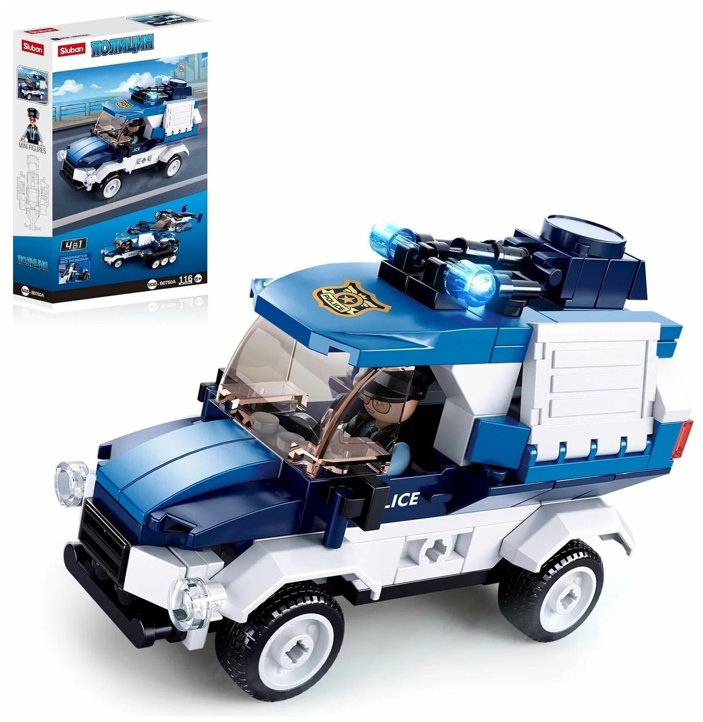 Assembled Sluban Police Theme Building Block Car with a police officer figure inside.