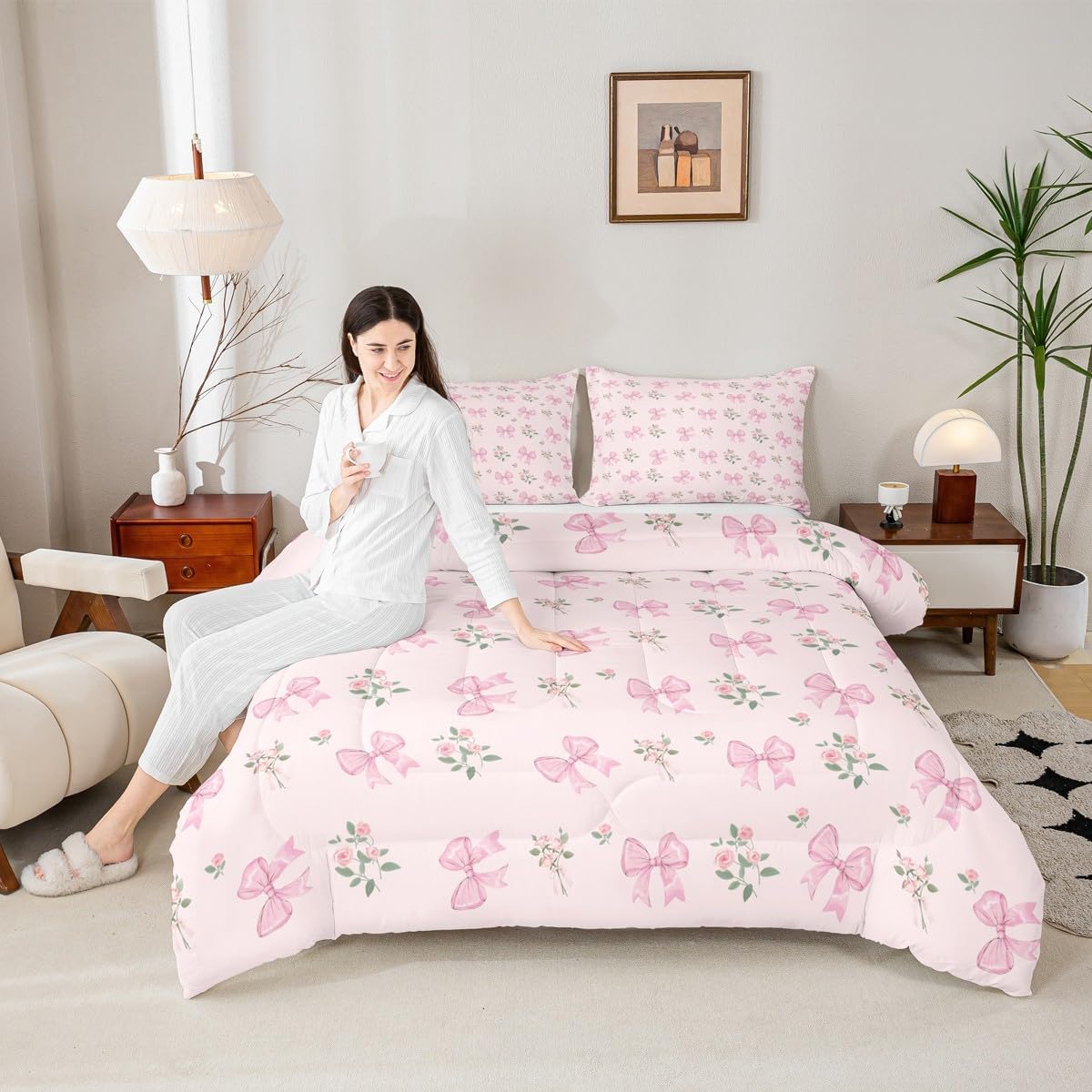 jejeloiu Girls Bow Comforter Set Toddler Dreamy Princess Bowknot Pink Bedding Set for Kids Women Rose Flower Floral Duvet Quilt Kawaii Romantic Room Decor