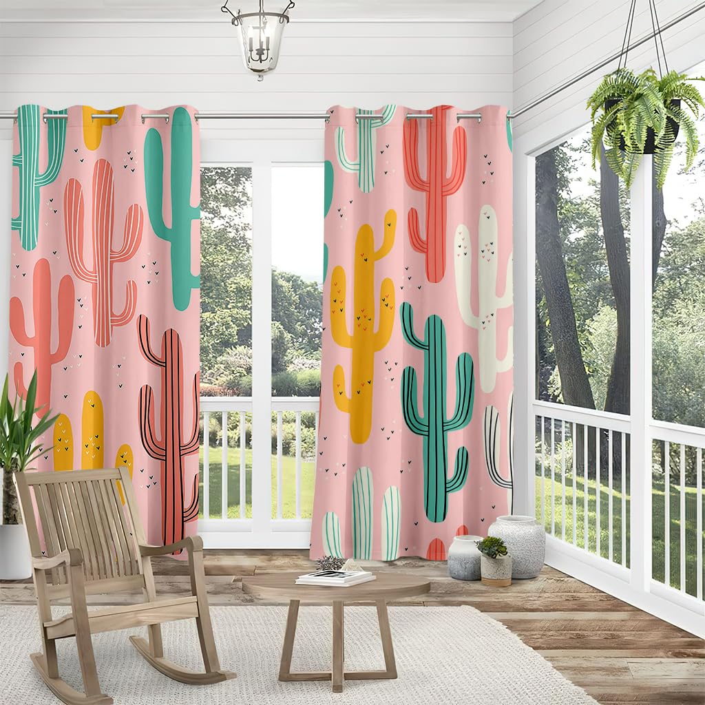Rideaux D'extérieur Impermeable, 3D Cactus Rideau Terrasse avec Oeillet, Protection Solaire Rideaux pour Pergola, Cabanon Jardin Exterieur, Gazebo (W137x L304cm,Cactus coloré)
