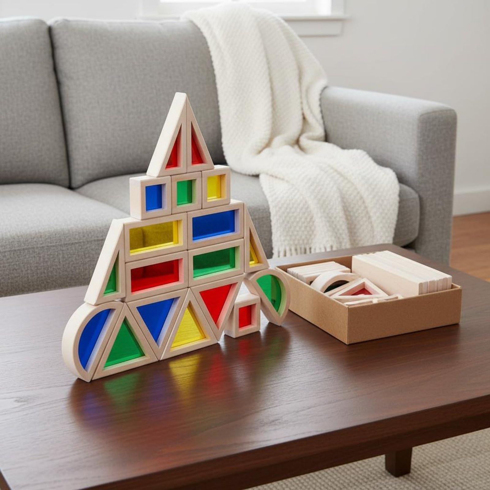 predolo 20 Pezzi Costruzioni in Legno Trasparenti Colorate Traslucido Blocchi Arcobaleno in Legno e Acrilico Bordi Arrotondati per Bambini 3+ Anni