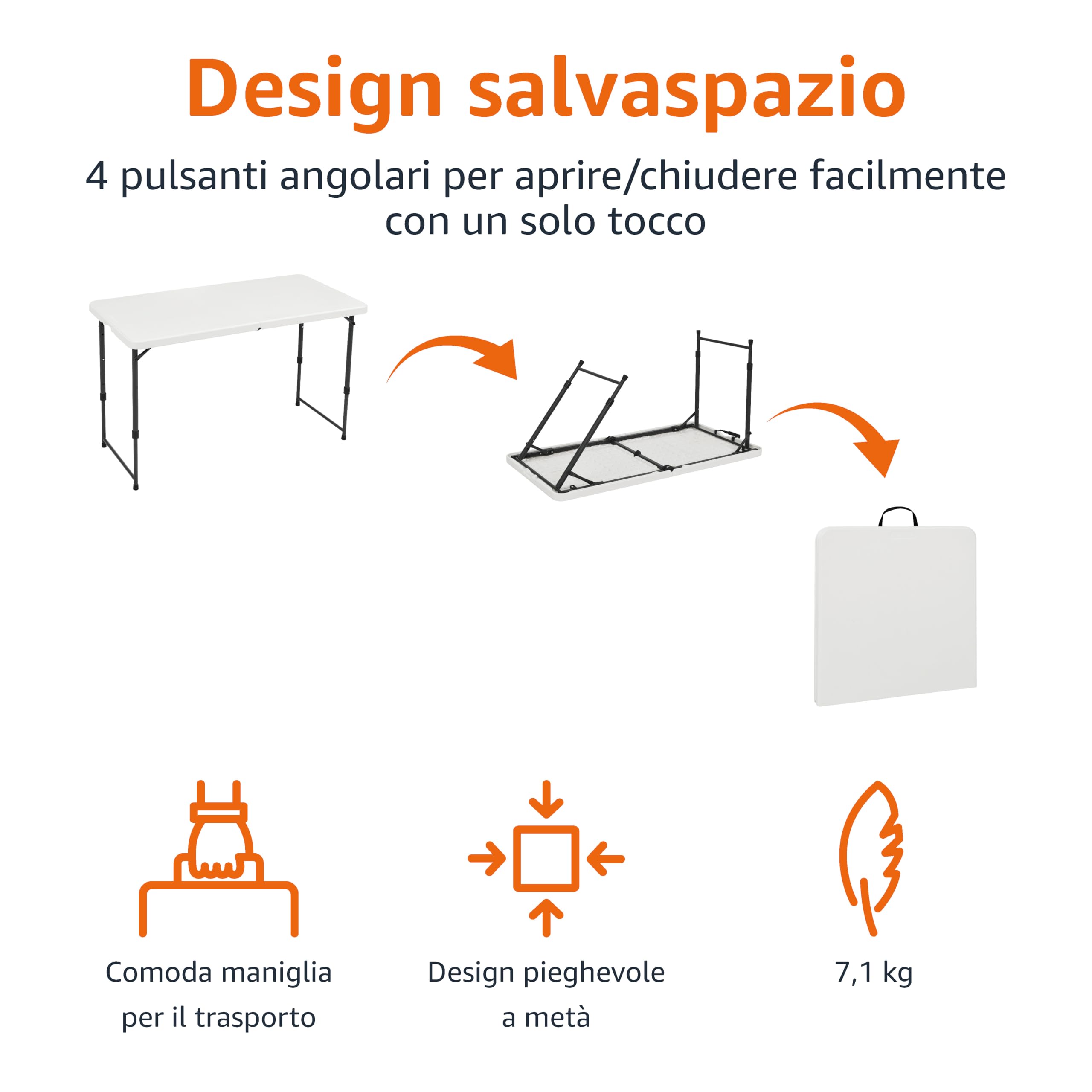Amazon Basics Tavolo pieghevole rettangolare, 1,2 m, 4 regolazioni di altezza, portatile, con maniglia, per interni ed esterni, leggero, da viaggio, picnic, campeggio, bianco, 121,4 x 60,7 x 86,1 cm
