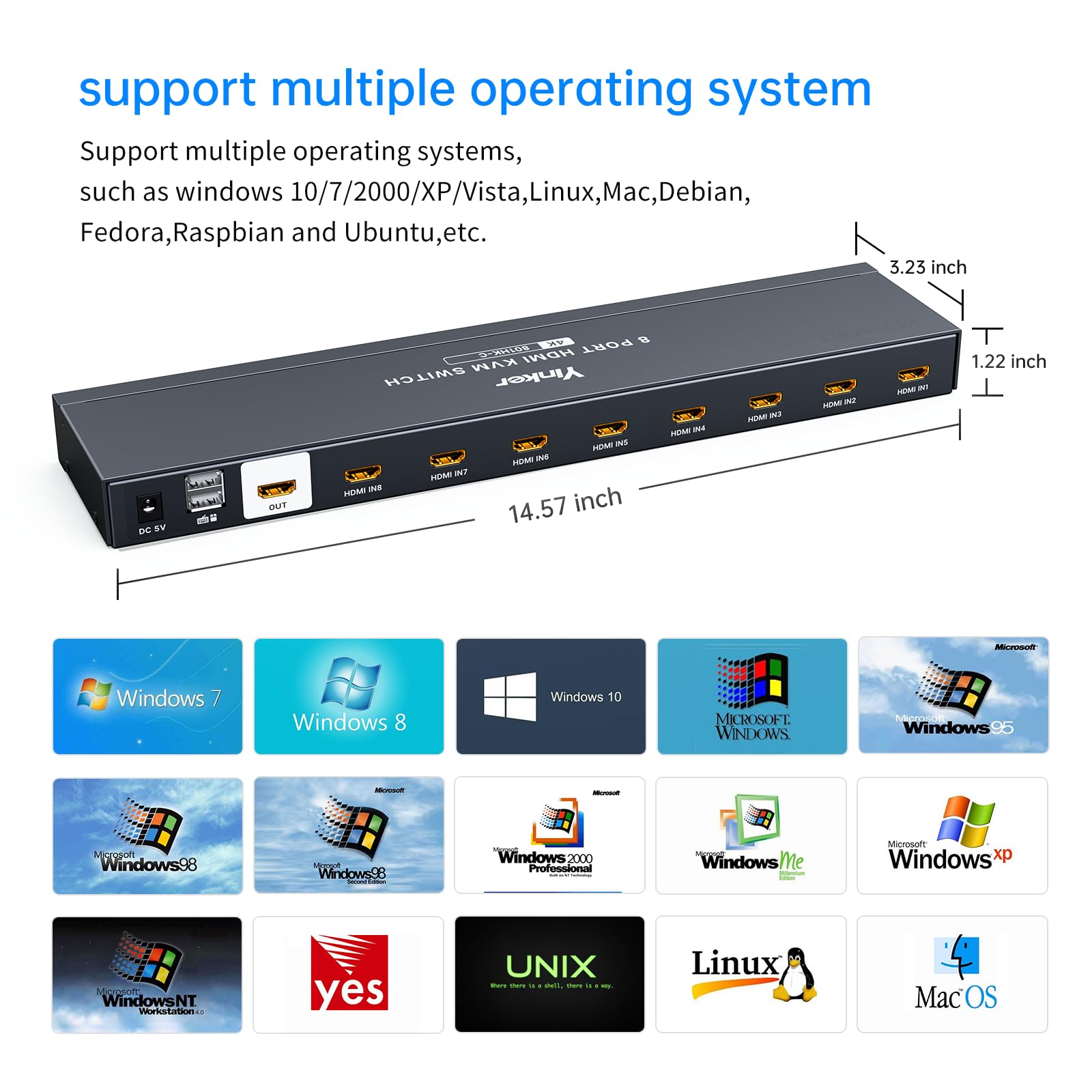 Conmutador KVM HDMI 8 Puertos Yinker 4K @ 30Hz Rack USB HDMI Consola KVM 8 en 1 Salida con 9 Cables 4 Hub USB 2.0 Selector de Escritorio Control Remoto IR y Orejas