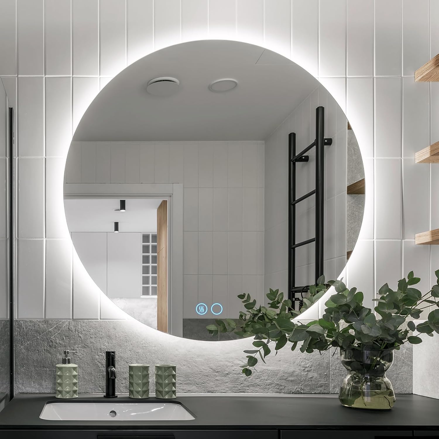 VOWNER 28 Inch Round LED Bathroom Mirror, 3 Colors Light Dimmable Wall Mounted LED Mirror with Touch Switch, Bathroom Mirror with Lights, Anti-Fog Backlit Lighted Round LED Mirror for Bathroom, CRI90+ 28"L x 28"W