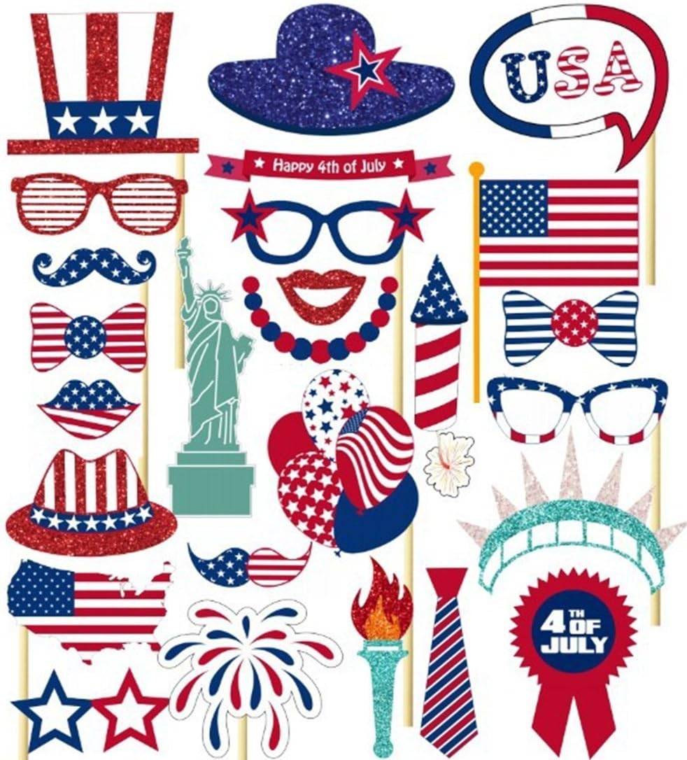 4th of July Photo Booth Props, 26Pcs DIY Party Favor Kits for Independence Day Photobooth Dress-up Party Decorations
