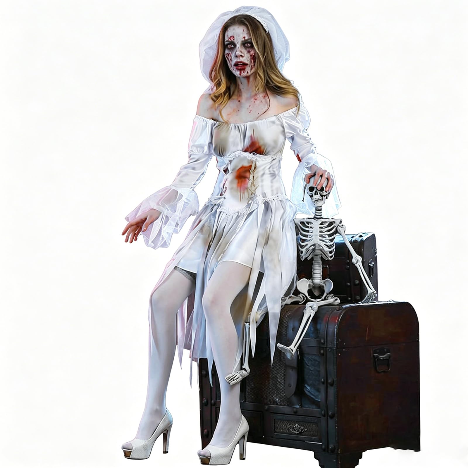 Sexy outfit Damski kostium zakrwawionej zwłok panny młodej 3-częściowy zestaw Sukienka z odkrytymi ramionami z gorsetem i welonem Halloween Straszny przebranie