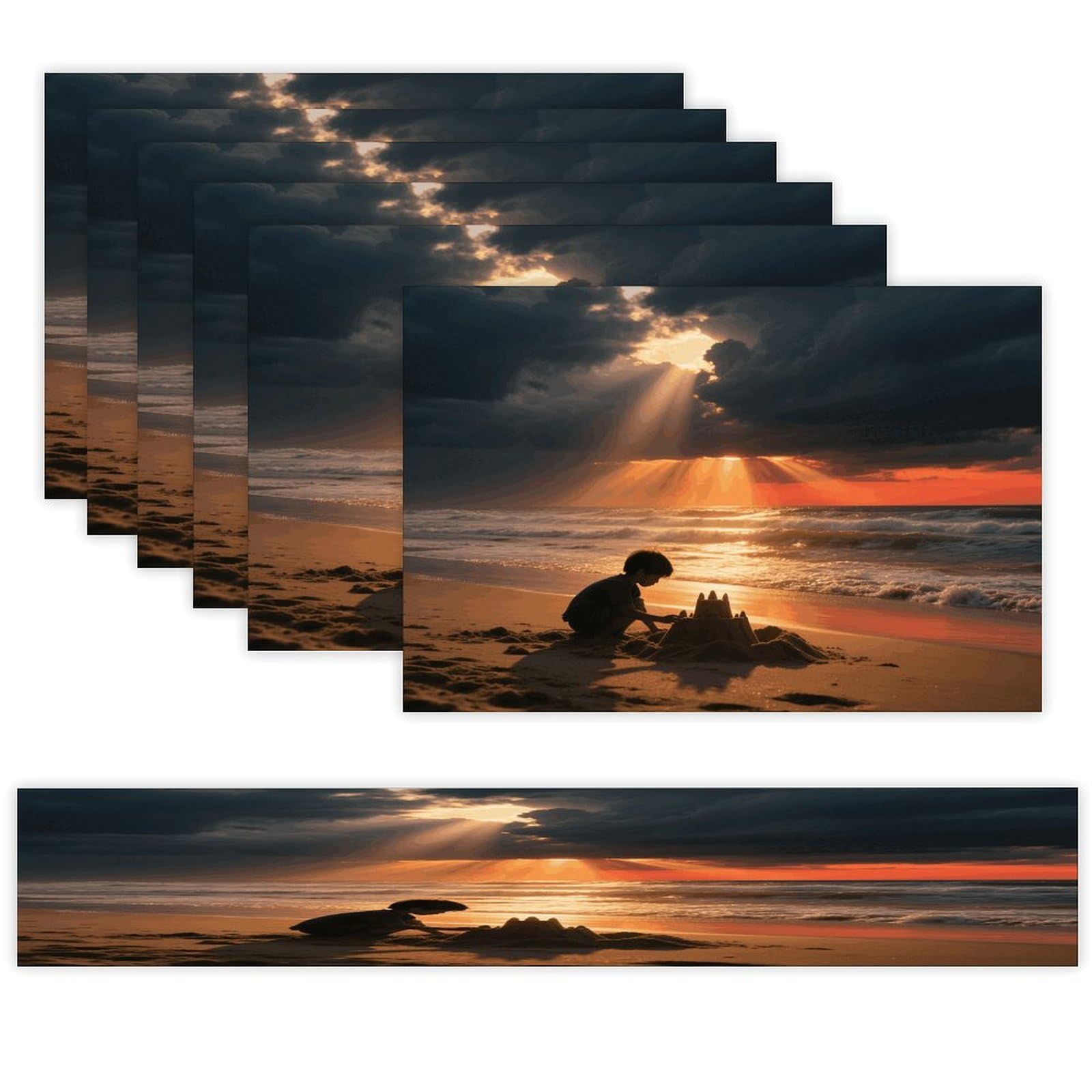Sea Sunset Table Runner and Placemats Set of 7 Linen Table Mat Non-Slip Place Mats Washable Placemat Heat Resistant Place Mat with Table Runner for Party Dining Decor