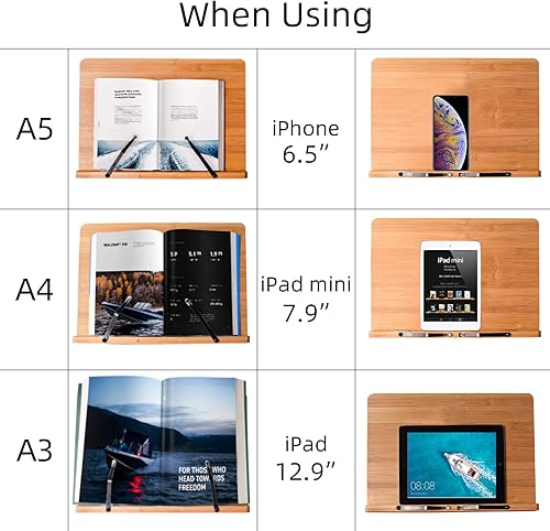 Miniatura 19 de wishacc Atril de bambú para libros de cocina con 5 alturas ajustables de 13.2 x 9.2 pulgadas