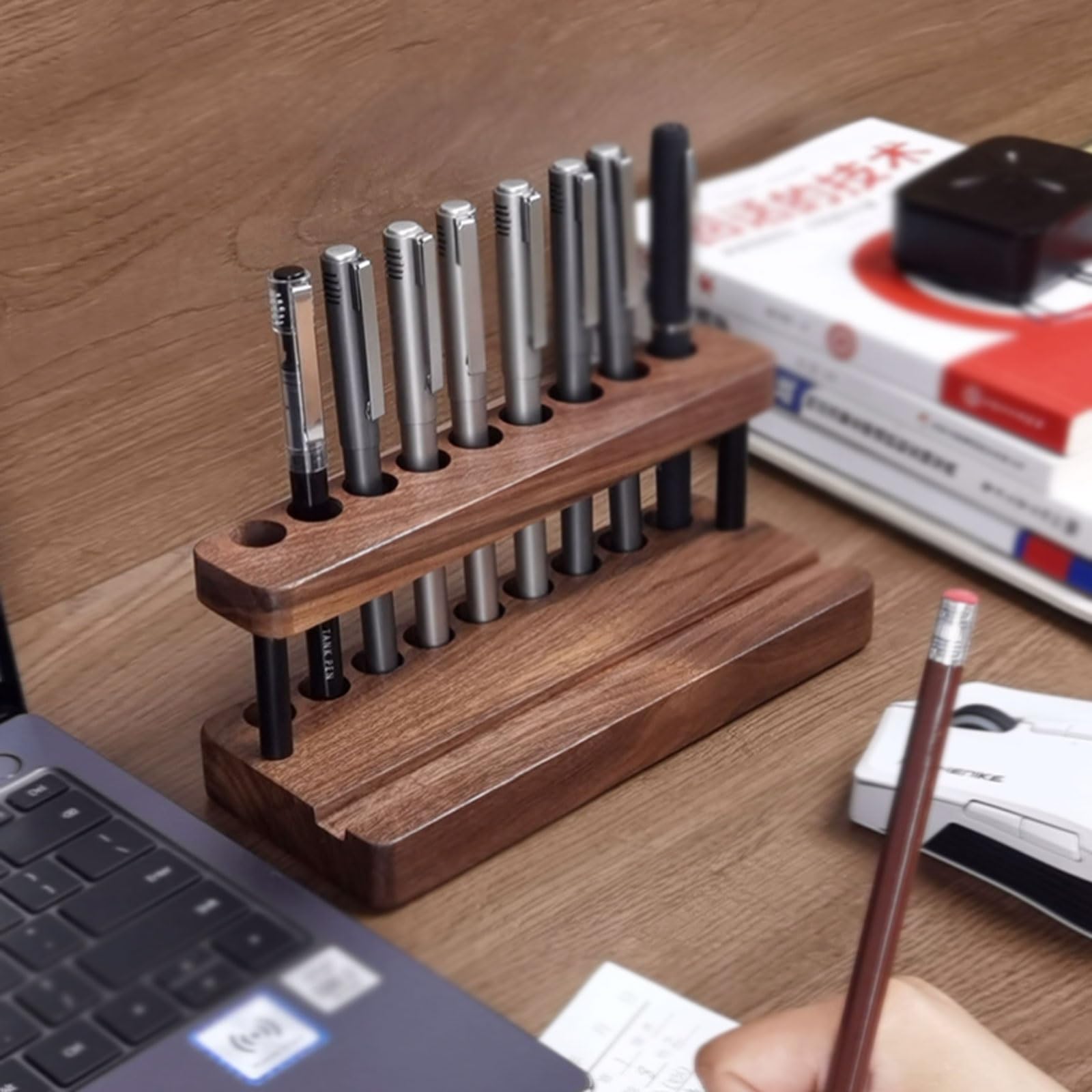 Portapenne in legno poroso e alluminio, organizer da scrivania multiforo con base antiscivolo, contenitore for cancelleria in massello
