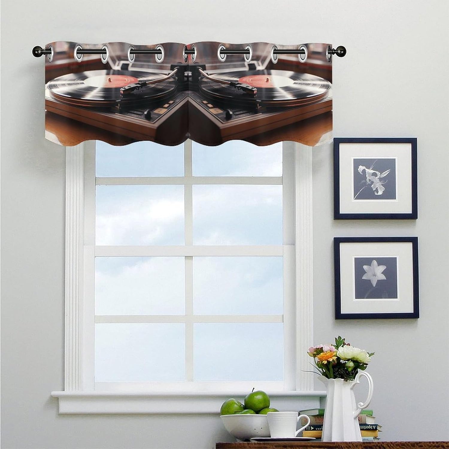 Record Player 2 Pack Valance Curtains Window Treatments. Adjustable Curtain with Rod Pocket.Cafe Curtains is Half Curtains for Privacy Decorative 52x18.1 Inch.